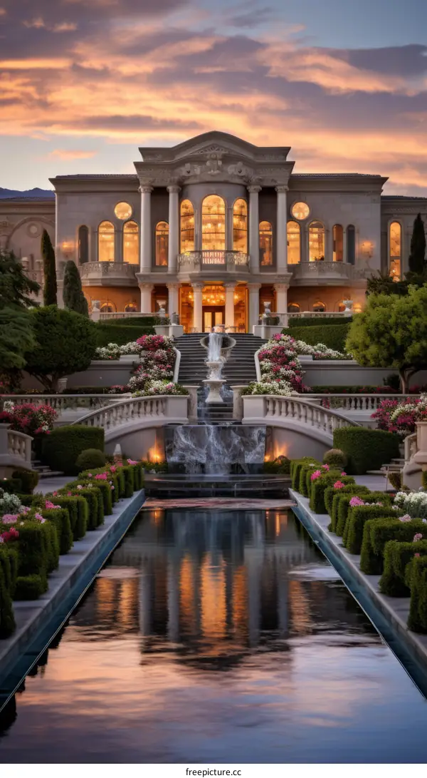 Large luxury mansion with pool and fountain