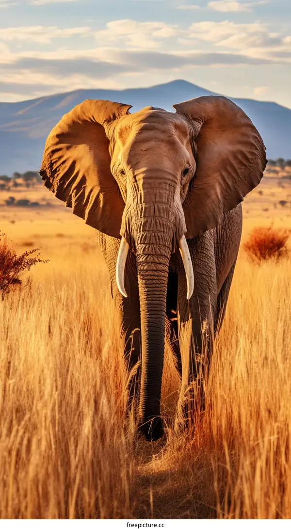 Elephant walking through the tall grass savanna