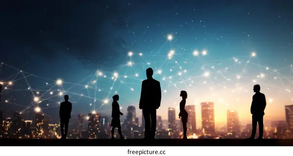 Silhouette Business Team at Night Skyline with Network Connections