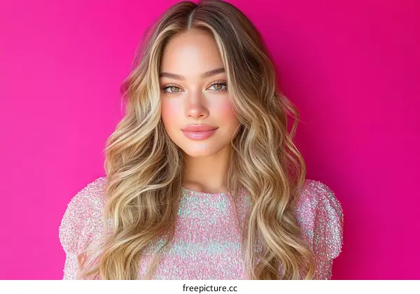 Blond Woman with Wavy Hair on Pink Background