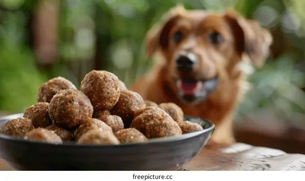 A bowl of homemade dog treats with a dog in the background