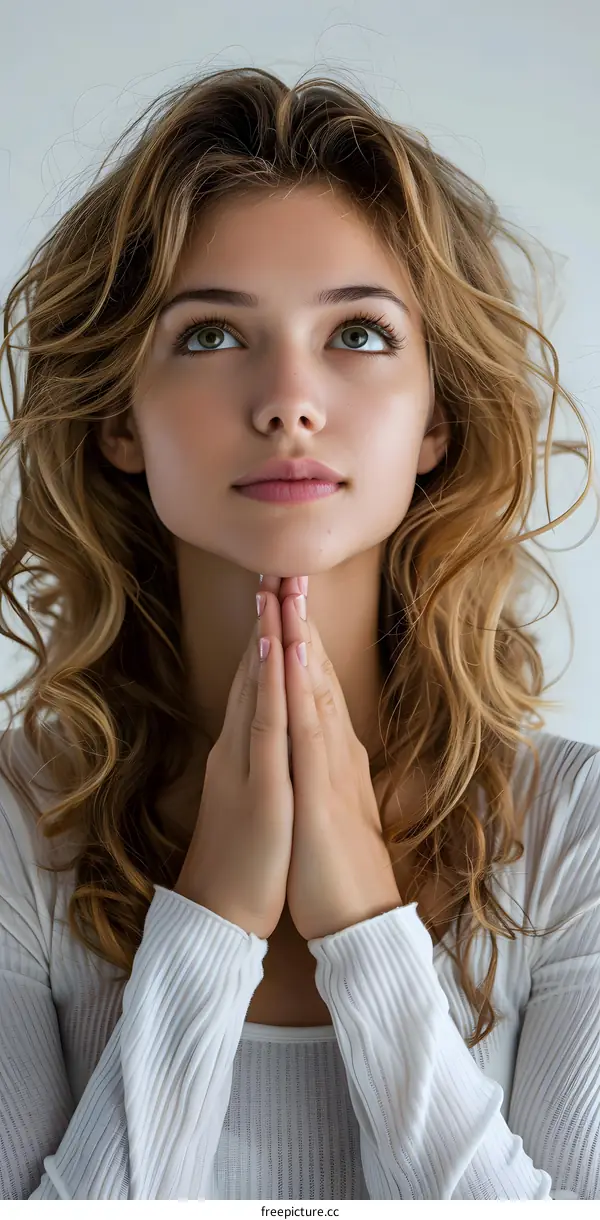 Portrait of a Young Woman with Long Curly Hair Praying with Her Hands Together