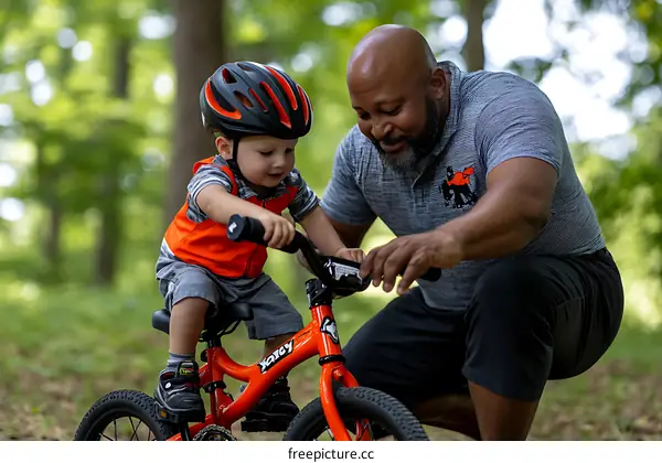 Father and Son Enjoying a Bike Ride in the Woods