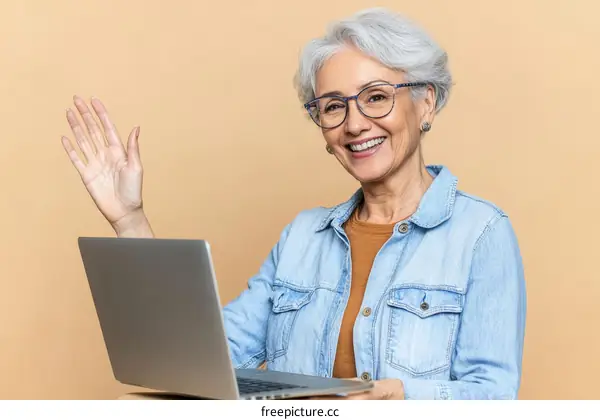 Smiling Senior Woman Using Laptop for Video Call