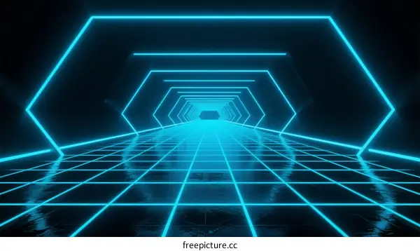 Futuristic Blue Neon Light Tunnel with Grid Floor