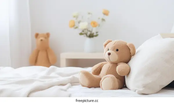 A cute teddy bear sitting on a bed with a blanket and a pillow