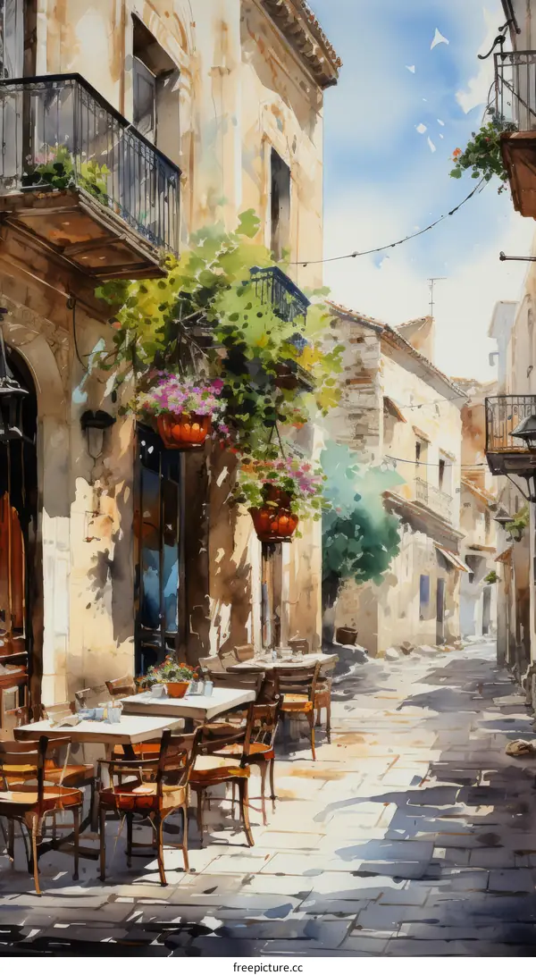 An illustration of a narrow street with a restaurant
