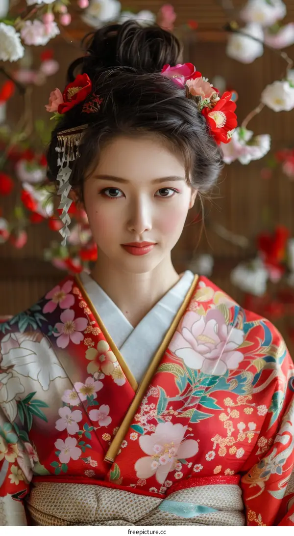 Portrait of a beautiful Japanese woman in traditional kimono