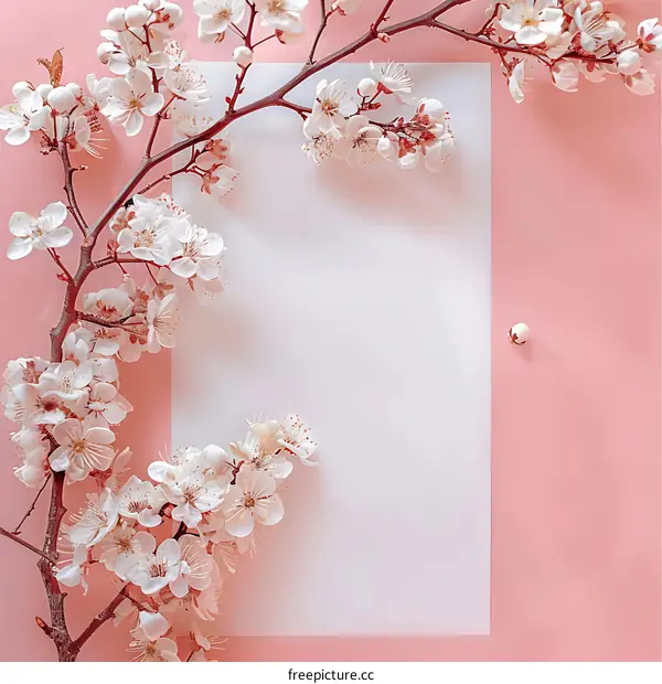 White Flowers Branch on Pink Background With Blank Paper