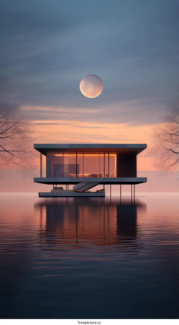 Modern House Floating on Water with Beautiful Sunset and Full Moon