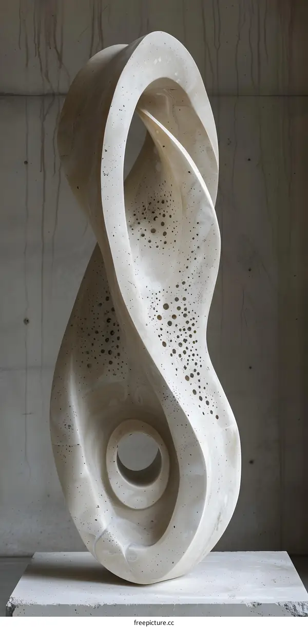 White sculpture with a hole in front of a concrete wall