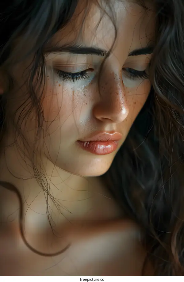 portrait of a beautiful young woman with freckles on her face