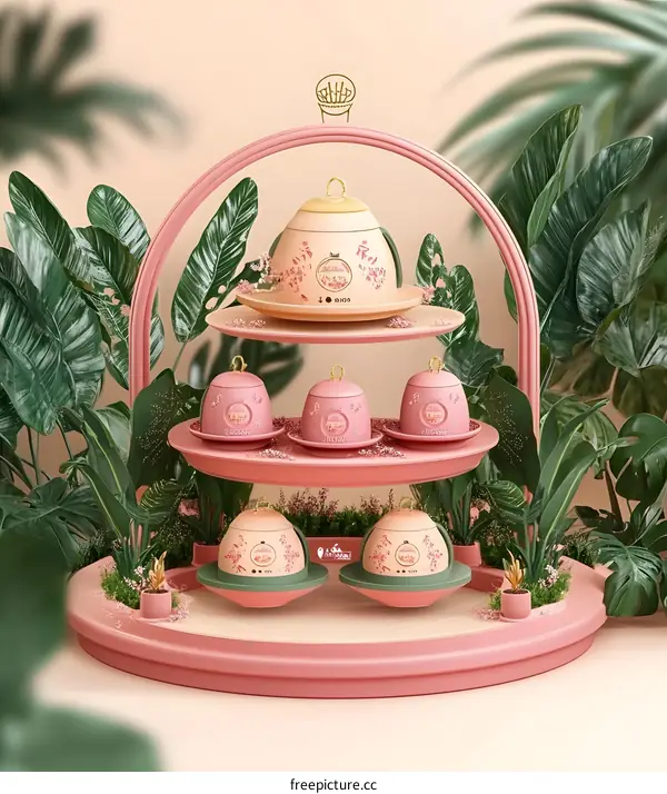 Pink and Green Ceramic Tea Set on a Stand