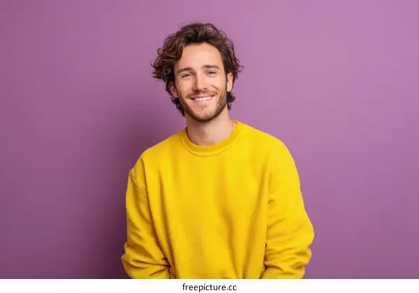 Smiling Man in Yellow Sweater Against Purple Background