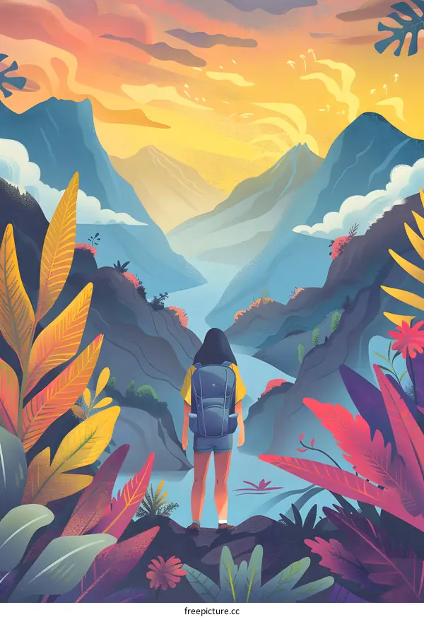 Woman with Backpack Standing on Mountain Cliff Facing Mountain Valley Landscape Illustration