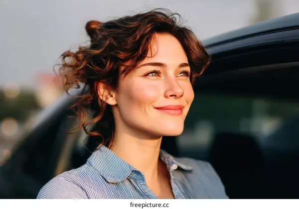 Woman Outdoors by a Car in the Sunlight