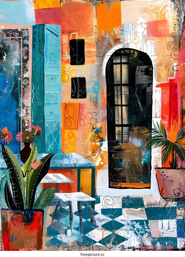 Colorful Abstract Painting of a Patio with a Table and Chairs
