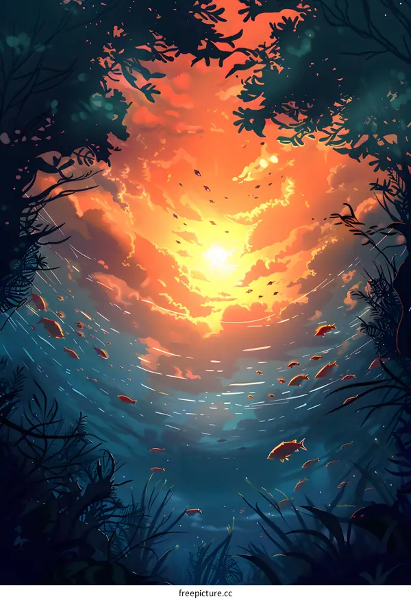 Underwater Sunset with Fish and Clouds