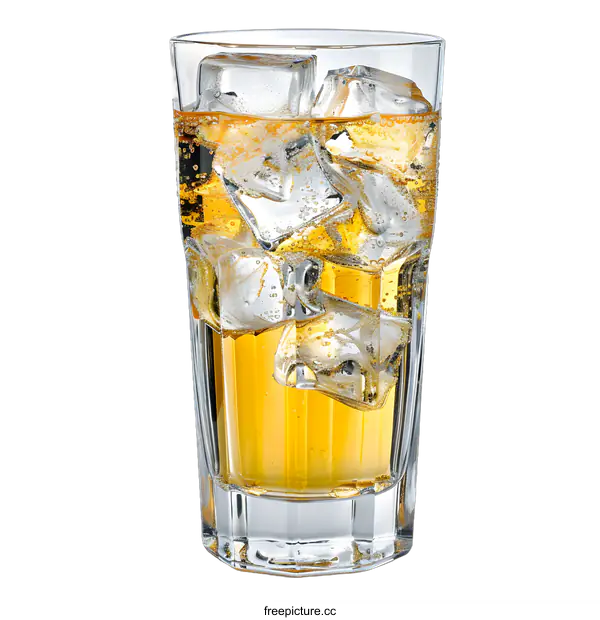 [Transparent Background PNG]Tall Glass of Yellow Drink with Ice Cubes