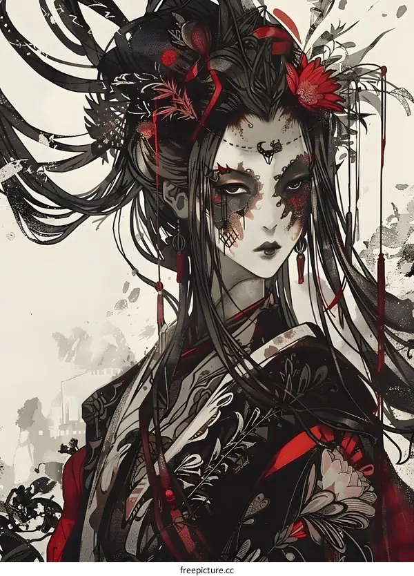 Digital Painting of a Woman in Traditional Japanese Clothing with Red and Black Colors