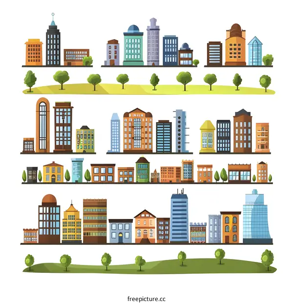 Set of City Buildings in Flat Style Design