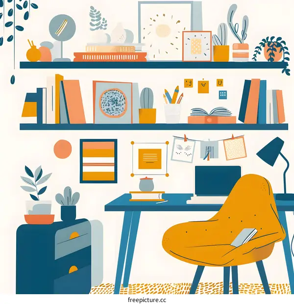 Modern Home Office Desk With Yellow Chair And Plants Illustration