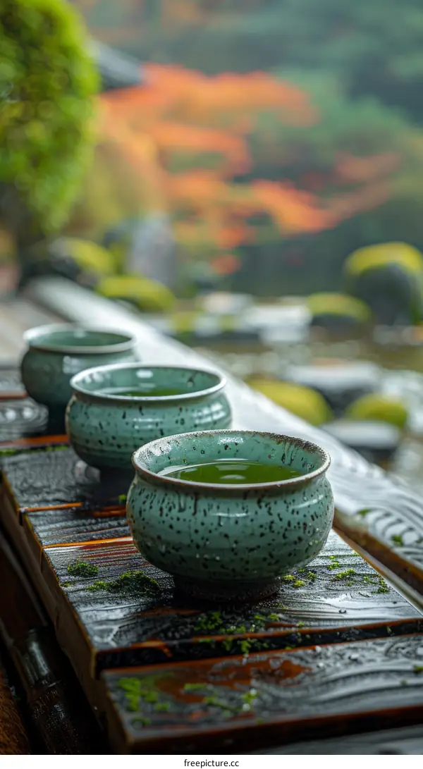Three green tea cups on a wooden railing with a blurred background of a garden