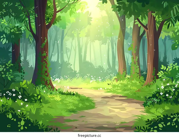 Pathway Through a Lush Green Forest Illustration