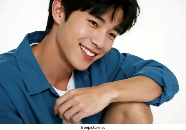 A young man in a blue shirt with a cheerful smile