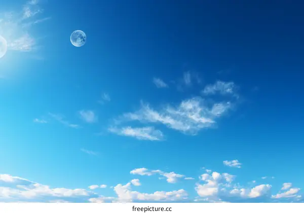 Blue sky with white clouds and a moon