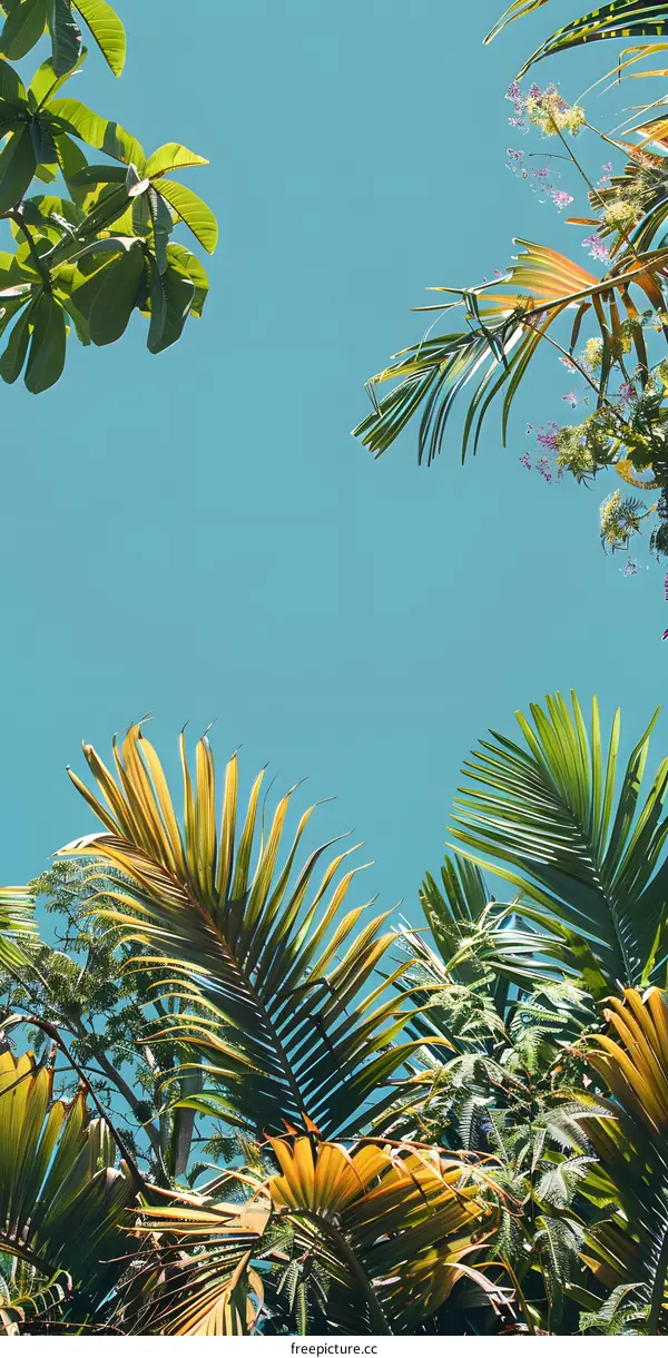 Tropical Palm Leaves Against Blue Sky