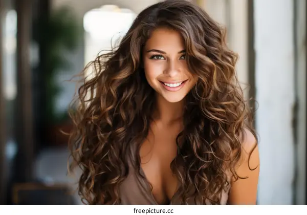 portrait of a beautiful young woman with long brown hair smiling