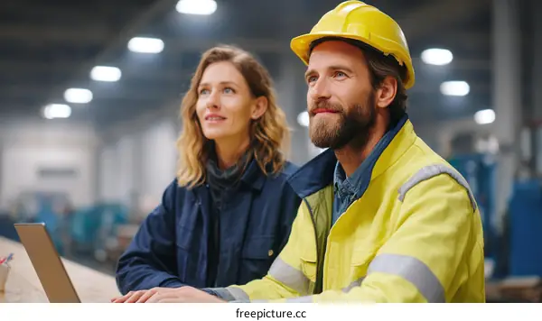 Two Caucasian professionals in industrial workwear