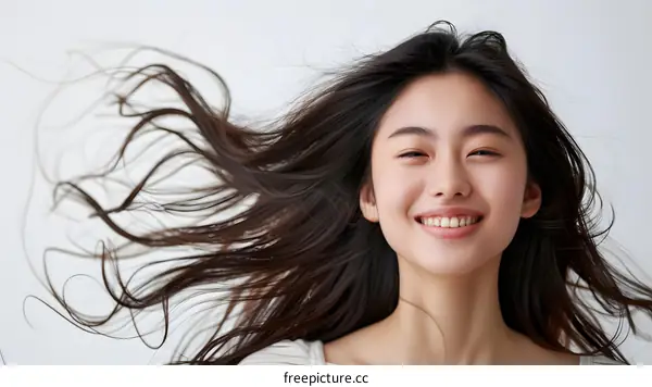 Beautiful Asian Woman With Long Hair Smiling