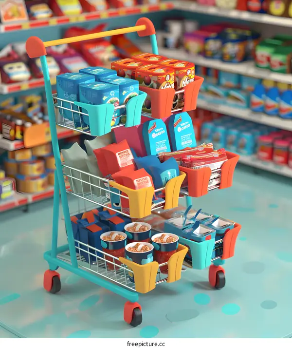 Colorful Shopping Cart Full of Groceries