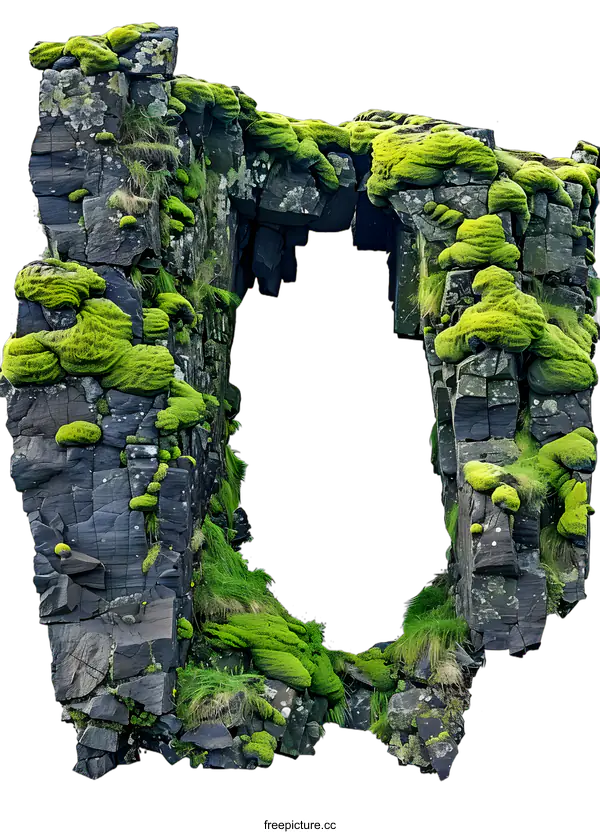 [Transparent Background PNG]Moss Covered Rock Formation with a Hole