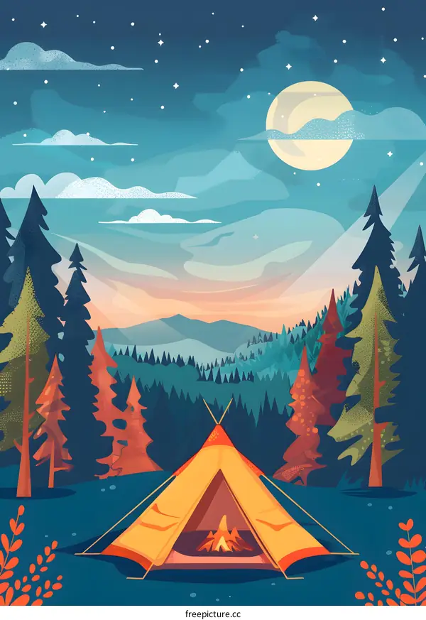Night Camping In The Woods With A Tent And Fire