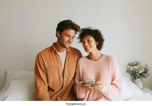 Couple Using Smartphone in Cozy Bedroom