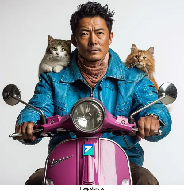 Takeshi Kaneshiro poses with cats on a Vespa scooter