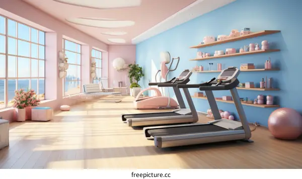 pastel home gym with a view