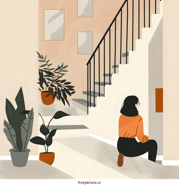 Woman Sitting on Stairs in a Modern Home Interior