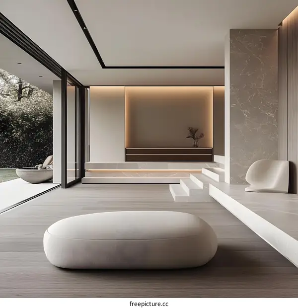 Minimalist Living Room Interior Design with White Sofa and Steps