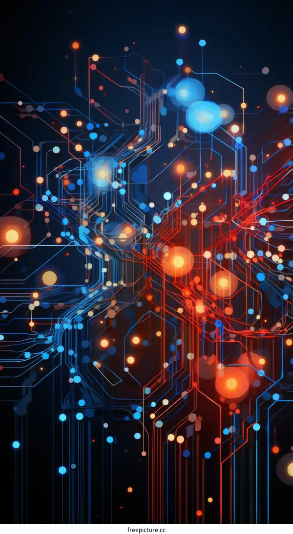 Circuit Board with Glowing Nodes and Connections