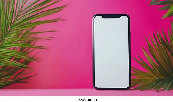 White Screen Smartphone with Green Palm Leaves on Pink Background