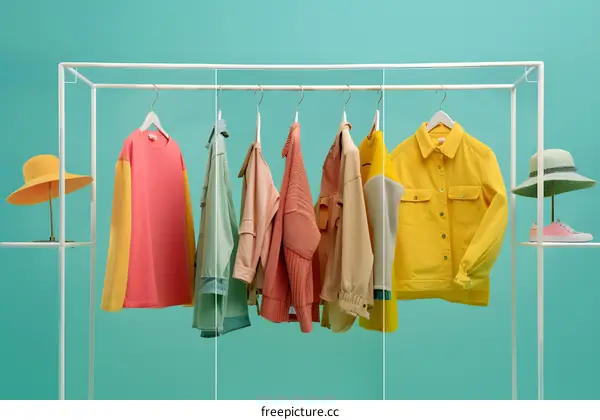 Colorful Clothing Hanging on Rack on Teal Background
