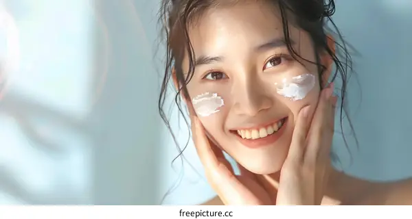 Smiling Woman Applying Face Cream on Her Cheeks