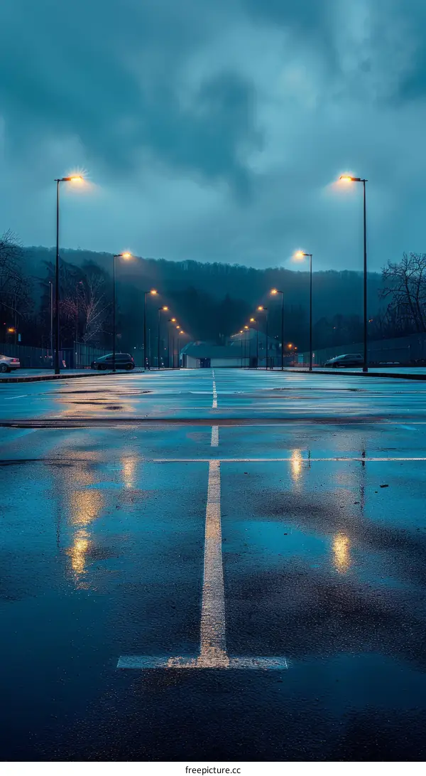 Night View of an Empty Parking Lot with Reflections of Illuminated Street Lights in the Rain