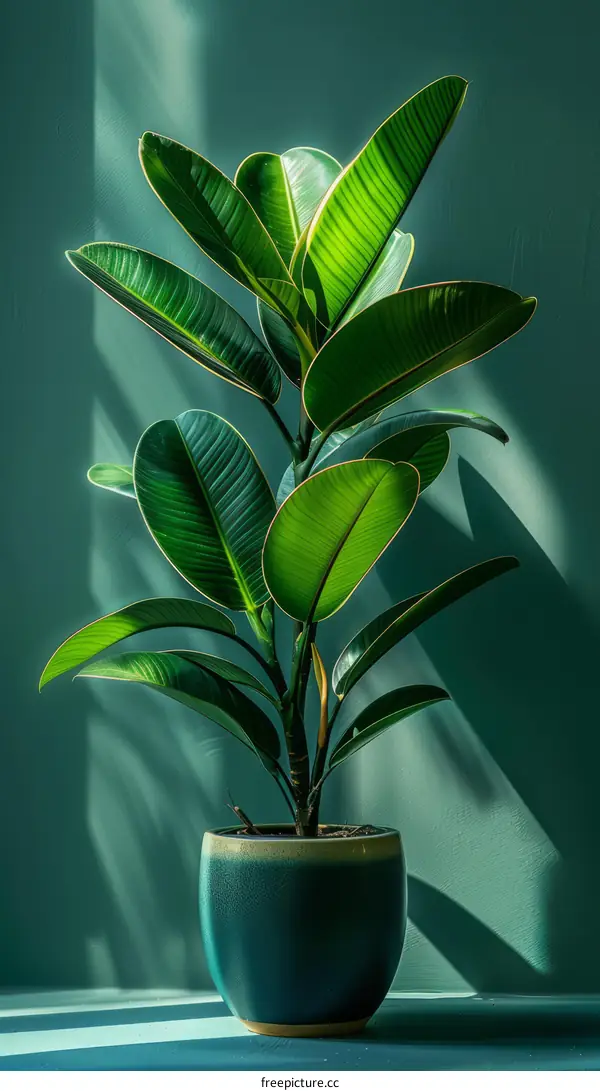 A potted Fiddle Leaf Fig plant in front of a green background