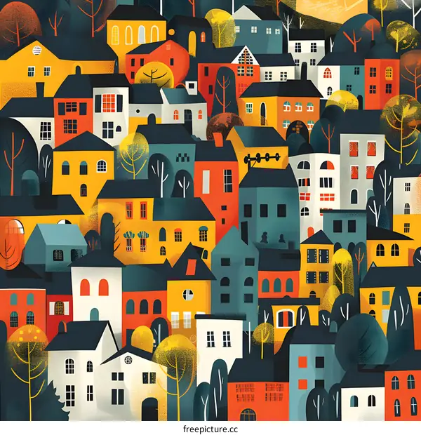 Colorful Illustration of Houses and Trees in a Cityscape
