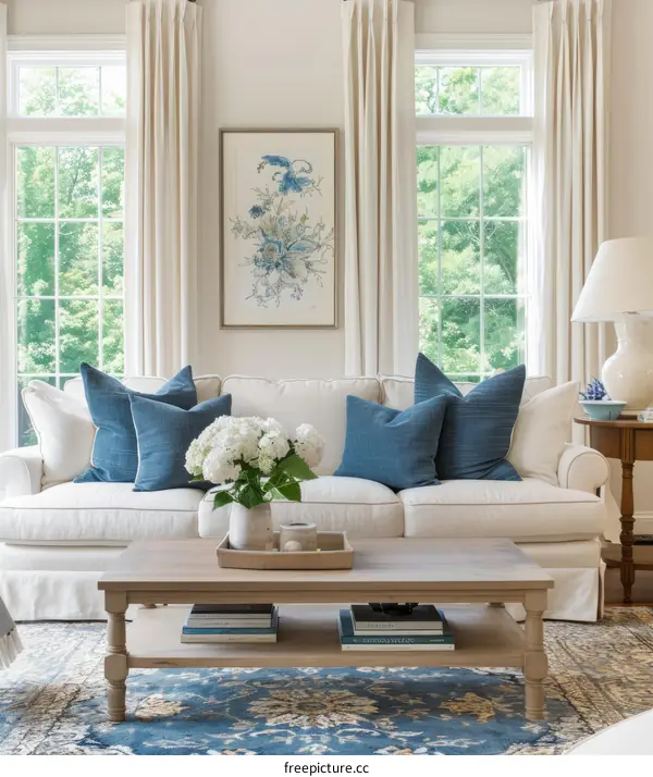 Blue and White Coastal Living Room with White Sofa and Blue Pillows